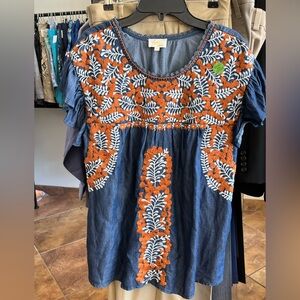 Embroidered Denim Top with Orange and White Accents